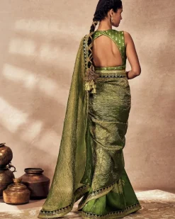 Green Palm Blooms Tissue Sari Set