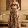 Green Print & Colorful Embroidered Blouse And Skirt Set