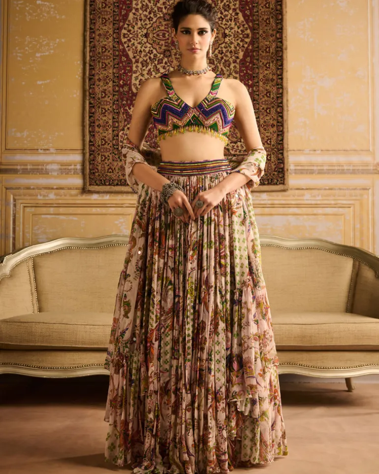 Green Print & Colorful Embroidered Blouse And Skirt Set