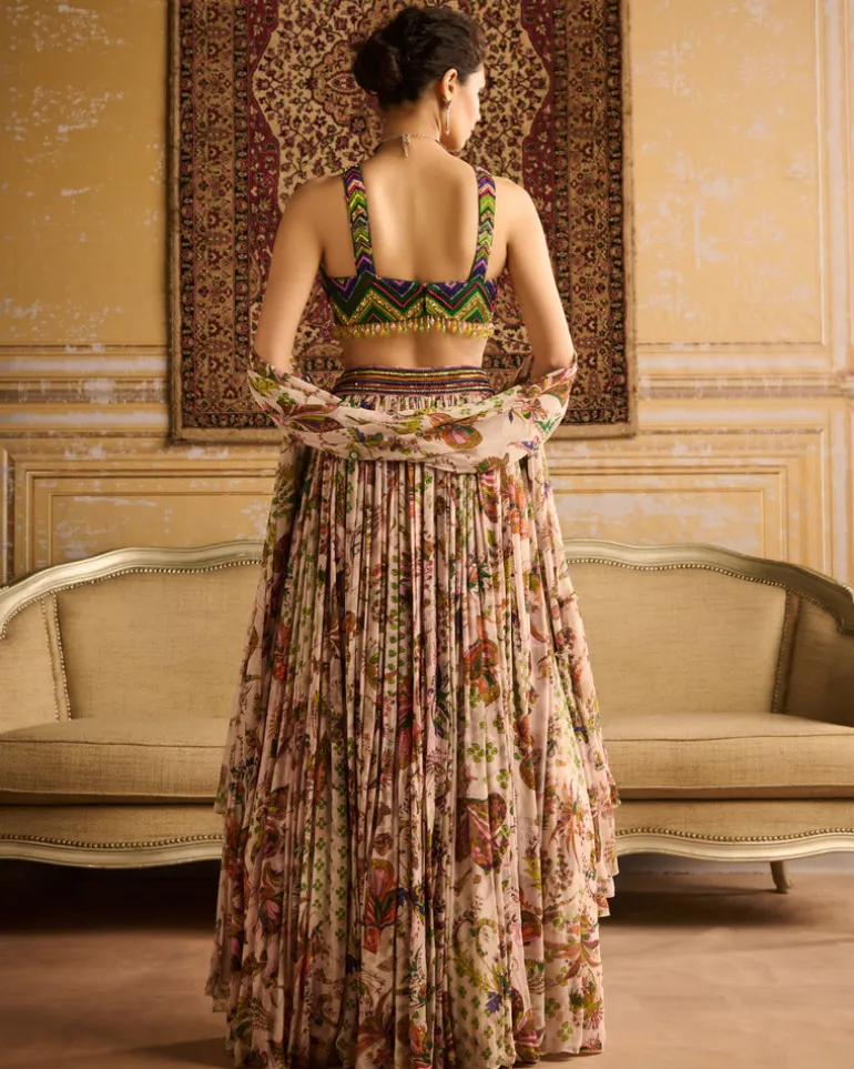 Green Print & Colorful Embroidered Blouse And Skirt Set