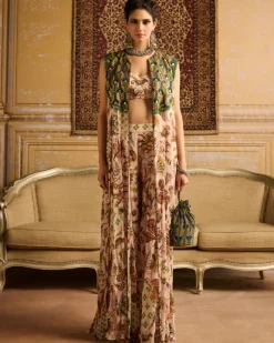 Green Print & Embroidered Cape Set