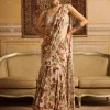Green Print & Embroidered Tiered Skirt Sari Set