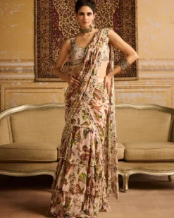 Green Print & Embroidered Tiered Skirt Sari Set