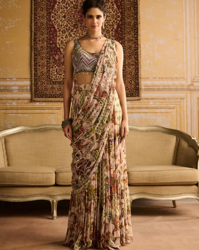 Green Print & Embroidered Skirt Sari Set