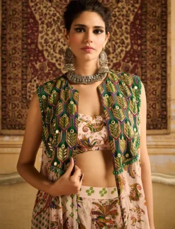 Green Print & Embroidered Cape Set