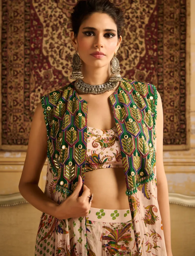 Green Print & Embroidered Cape Set