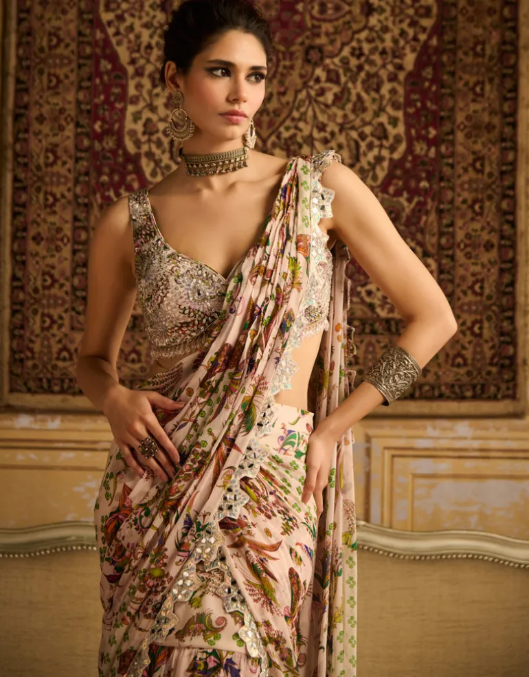 Green Print & Embroidered Tiered Skirt Sari Set