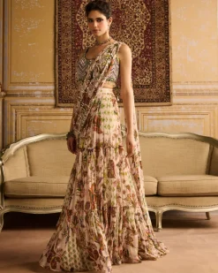 Green Print & Embroidered Skirt Sari Set