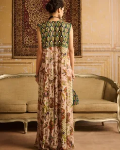 Green Print & Embroidered Cape Set