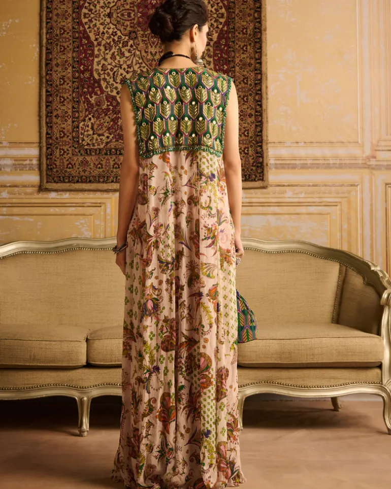 Green Print & Embroidered Cape Set