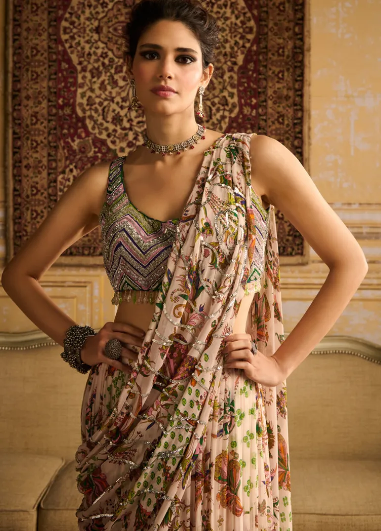 Green Print & Embroidered Skirt Sari Set