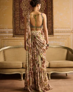 Green Print & Embroidered Skirt Sari Set