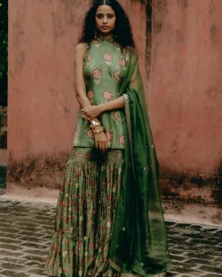 Green Printed & Embroidered Gharara Set