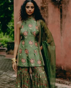 Green Printed & Embroidered Gharara Set
