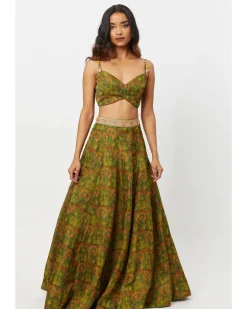 Green Printed Bustier With Gathering Skirt