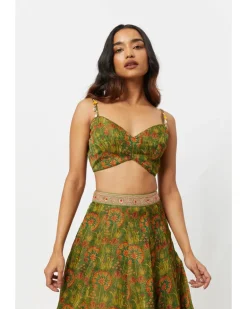 Green Printed Bustier With Gathering Skirt