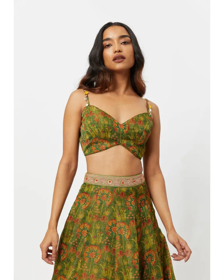 Green Printed Bustier With Gathering Skirt