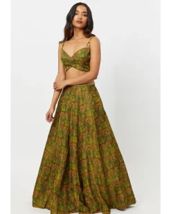 Green Printed Bustier With Gathering Skirt