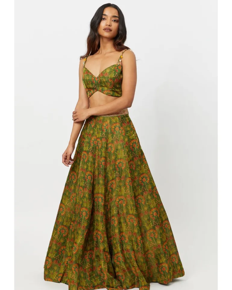 Green Printed Bustier With Gathering Skirt