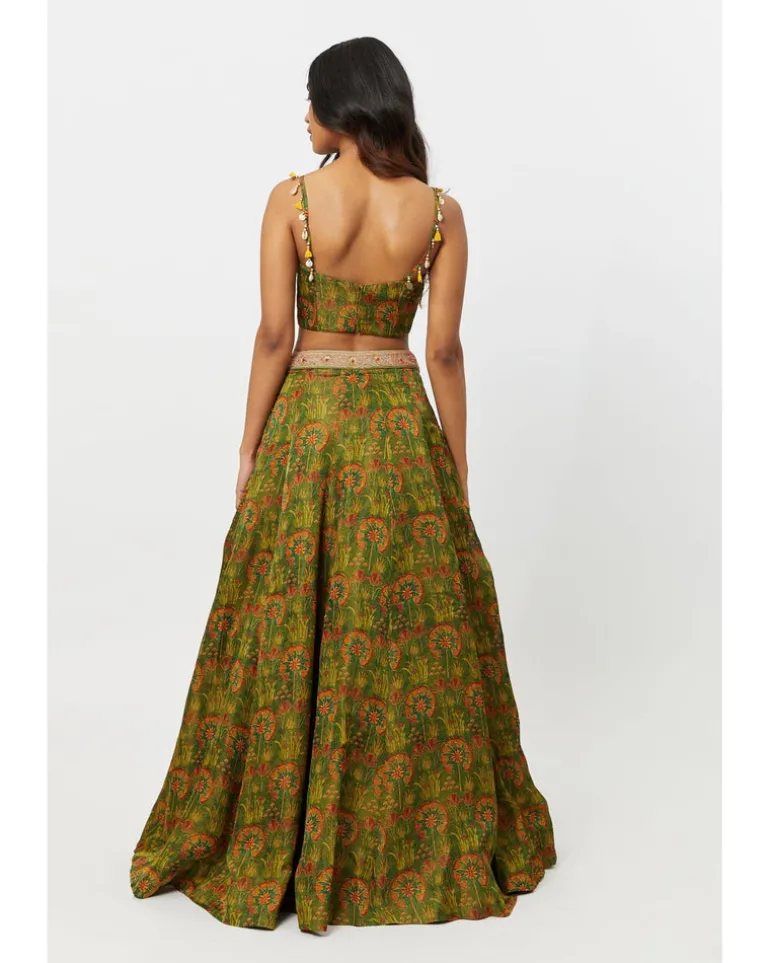 Green Printed Bustier With Gathering Skirt