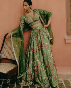 Green Printed Gathered Lehenga Set