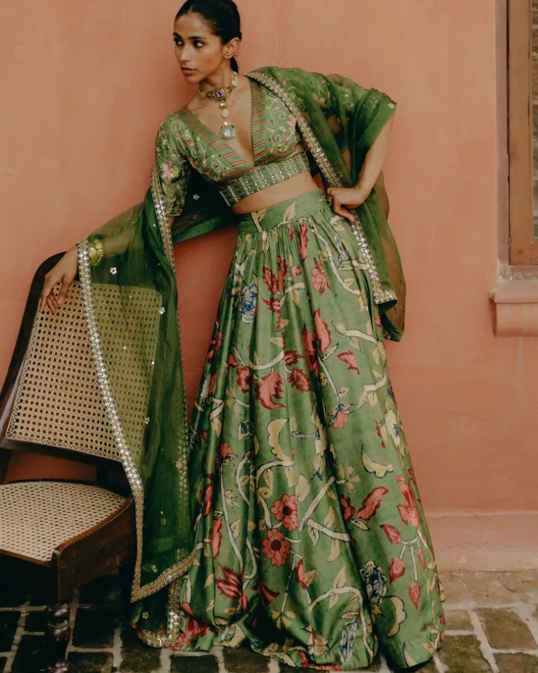 Green Printed Gathered Lehenga Set