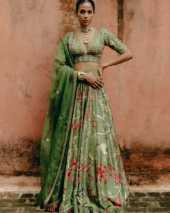 Green Printed Gathered Lehenga Set