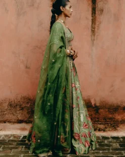 Green Printed Gathered Lehenga Set