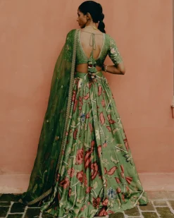 Green Printed Gathered Lehenga Set