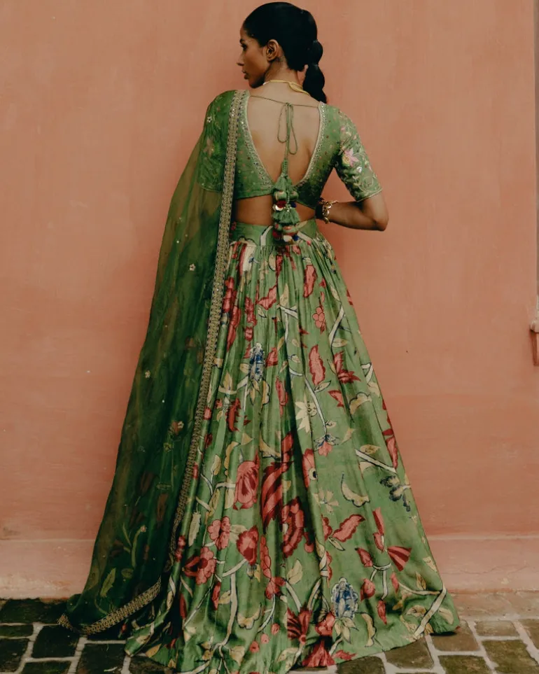 Green Printed Gathered Lehenga Set