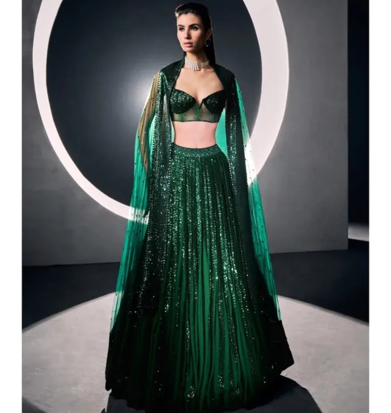 Green Vertical Sequins Lehenga Set
