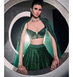 Green Vertical Sequins Lehenga Set