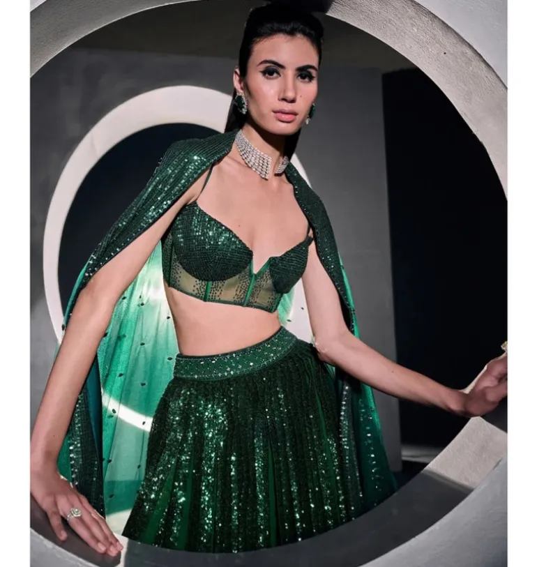 Green Vertical Sequins Lehenga Set
