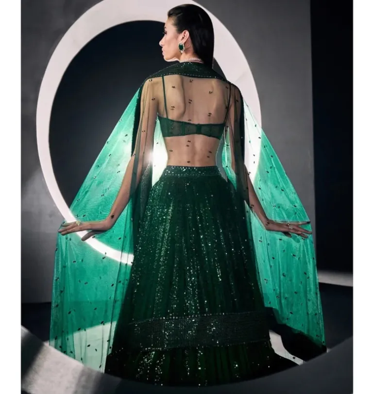 Green Vertical Sequins Lehenga Set