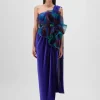 Green-Teal Draped Gown With Drape