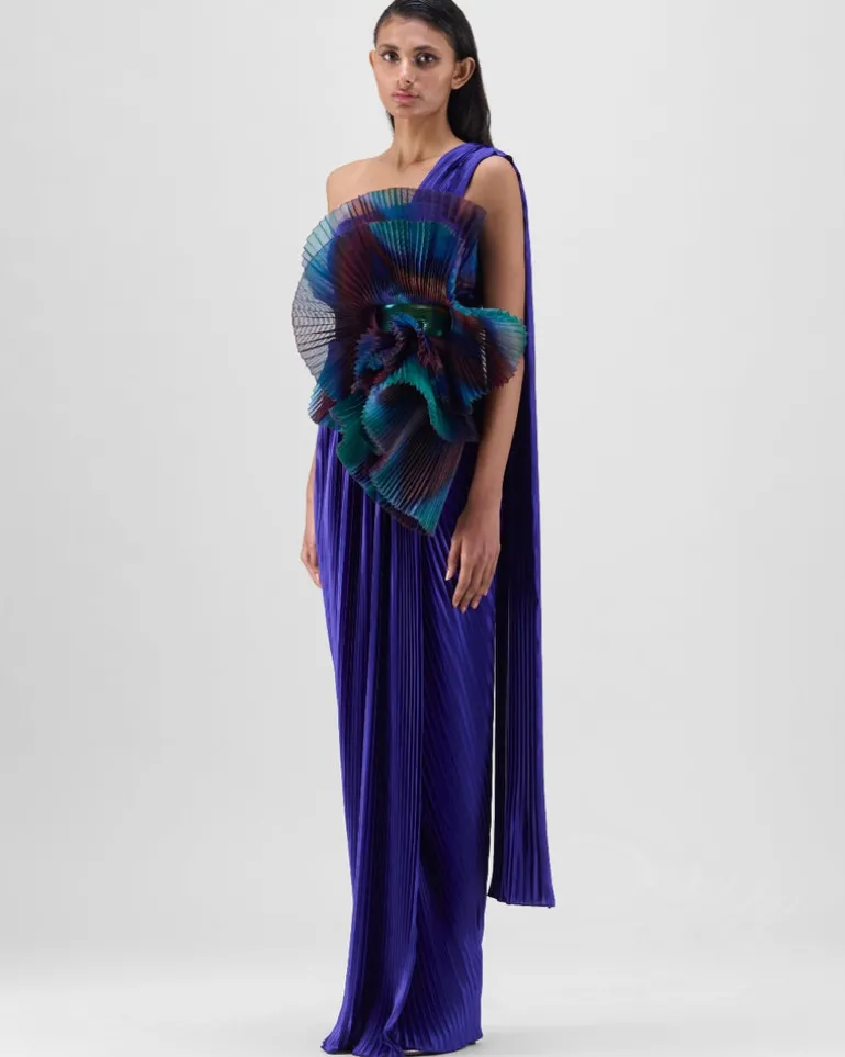 Green-Teal Draped Gown With Drape