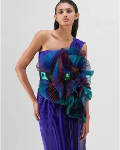 Green-Teal Draped Gown With Drape