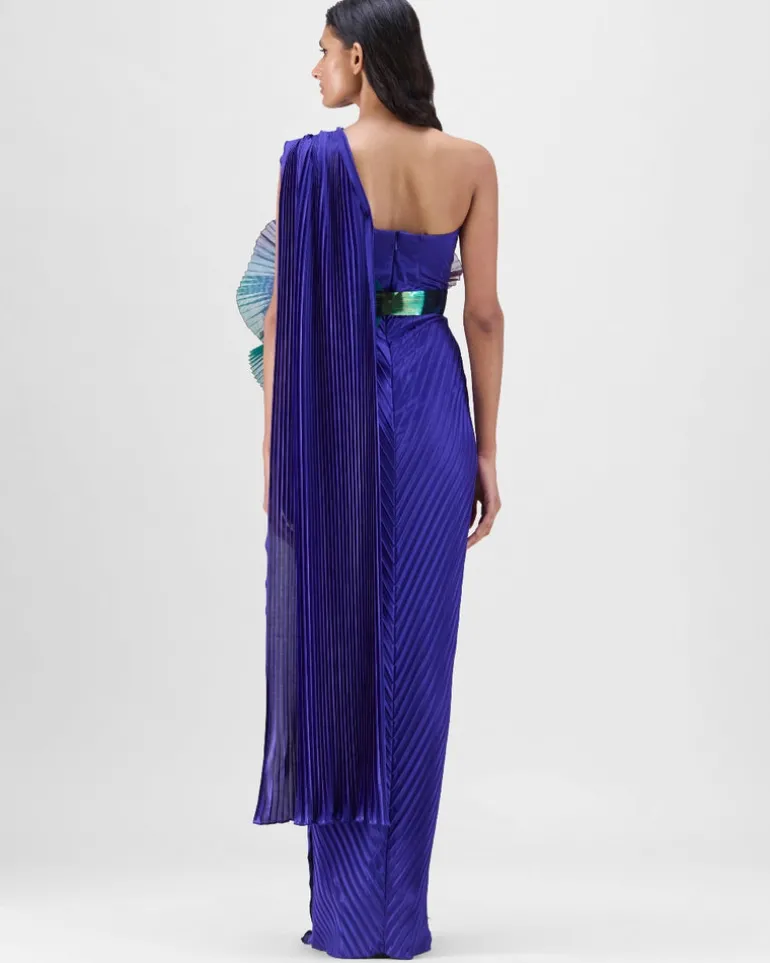 Green-Teal Draped Gown With Drape
