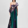Green-Teal Metallic Micro Pleated Sari Set