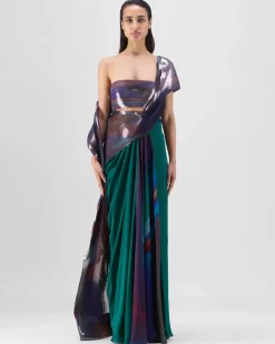 Green-Teal Metallic Micro Pleated Sari Set