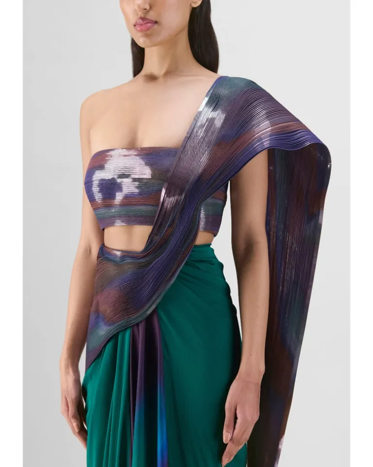 Green-Teal Metallic Micro Pleated Sari Set