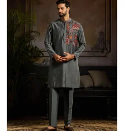 Grey & Colorfull Trible Embroidered Kurta Paired With Grey Pants