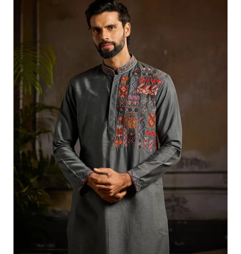 Grey & Colorfull Trible Embroidered Kurta Paired With Grey Pants