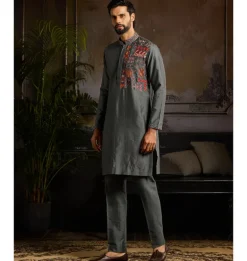 Grey & Colorfull Trible Embroidered Kurta Paired With Grey Pants