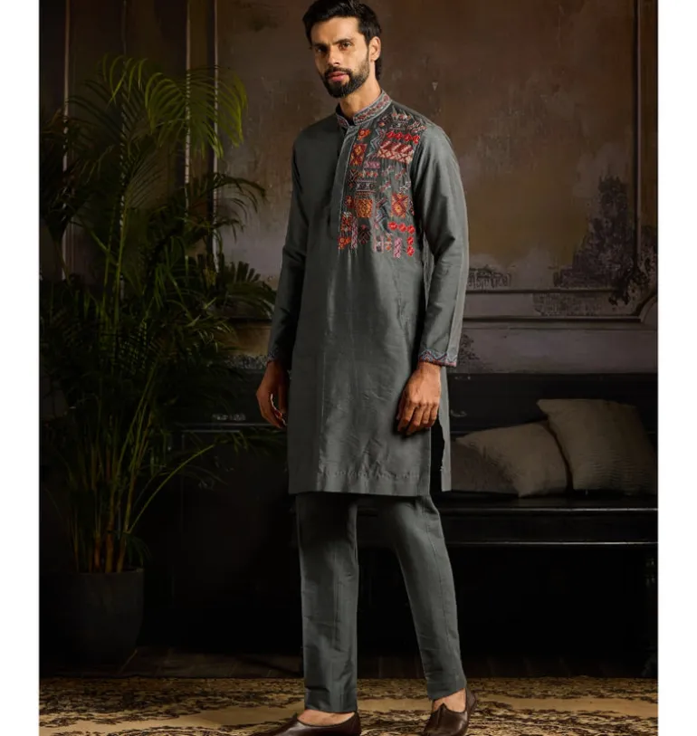 Grey & Colorfull Trible Embroidered Kurta Paired With Grey Pants