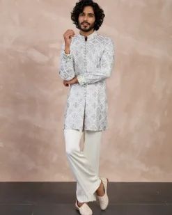 Grey & Ivory Dice Full Lupi Button Kurta Set