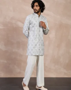 Grey & Ivory Dice Full Lupi Button Kurta Set