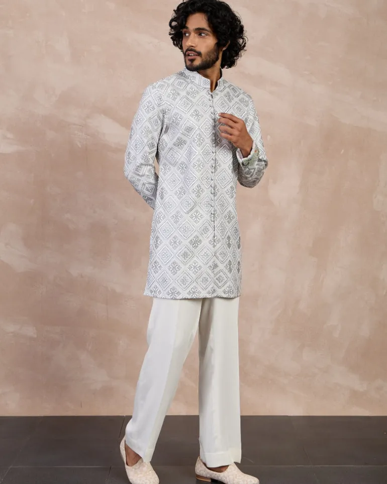 Grey & Ivory Dice Full Lupi Button Kurta Set