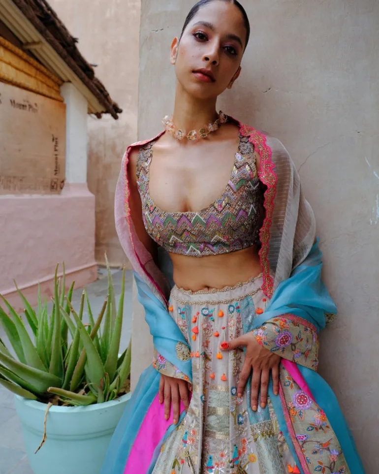 Grey & Turquoise Lehenga Set