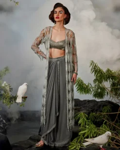 Grey Cutwork Jacket Set